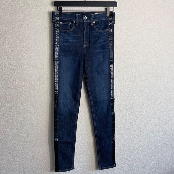 Rag & Bone High Rise Jeans Size 26 Blue Black Denim Stripe Down Side 5-Pocket - Picture 3 of 9